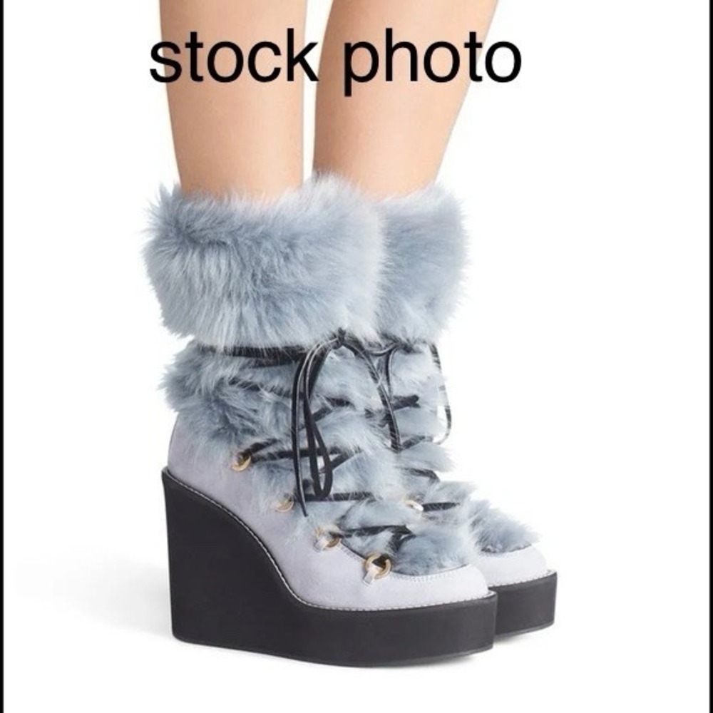 Stuart Weitzman Nikita Fur Wedge Boots 8.5 Blue Leather Suede Shearling Lace Up - Picture 11 of 12